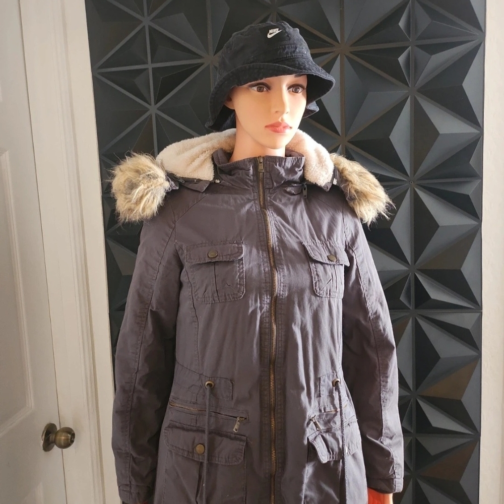 Women's Gray Hooded Parka with Faux Fur Trim